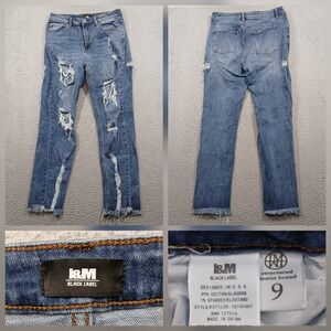 L&M Black Label Distressed Straight Leg Jeans Women Size 9 Blue Raw Hem EUC